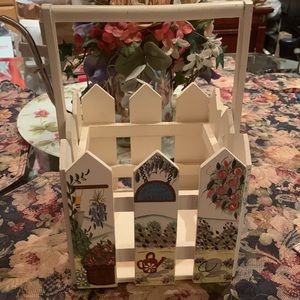 Wooden Basket Picket Fence w/ Fold Handle. Handpainted Fruits / Florals